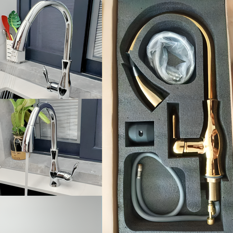 GoldFlow – Mitigeur Doré pour Cuisine avec Douchette Extensible