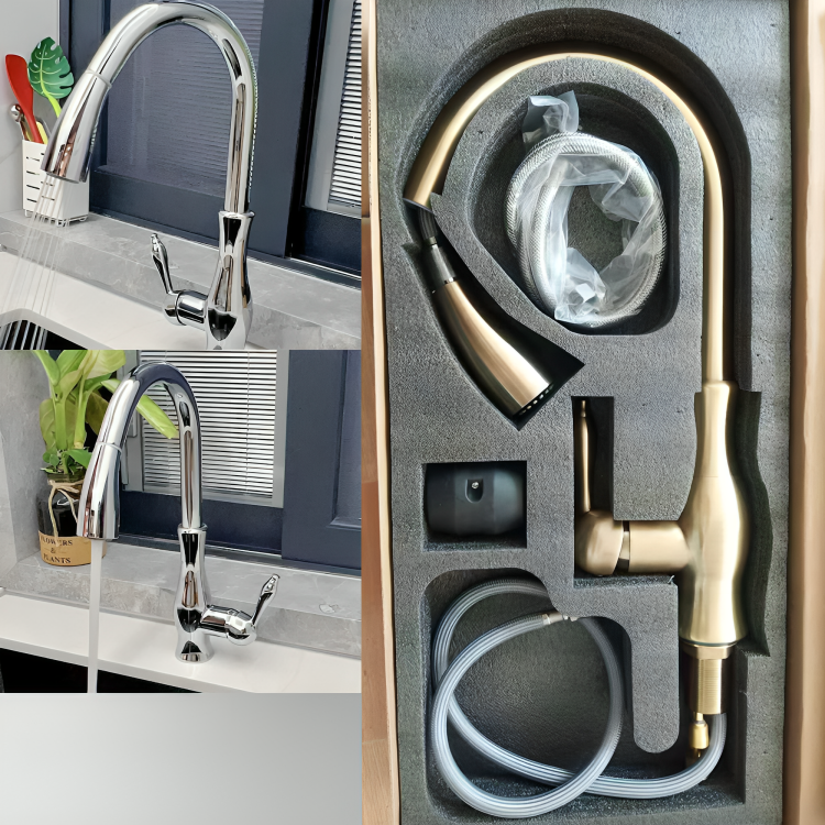 GoldFlow – Mitigeur Doré pour Cuisine avec Douchette Extensible