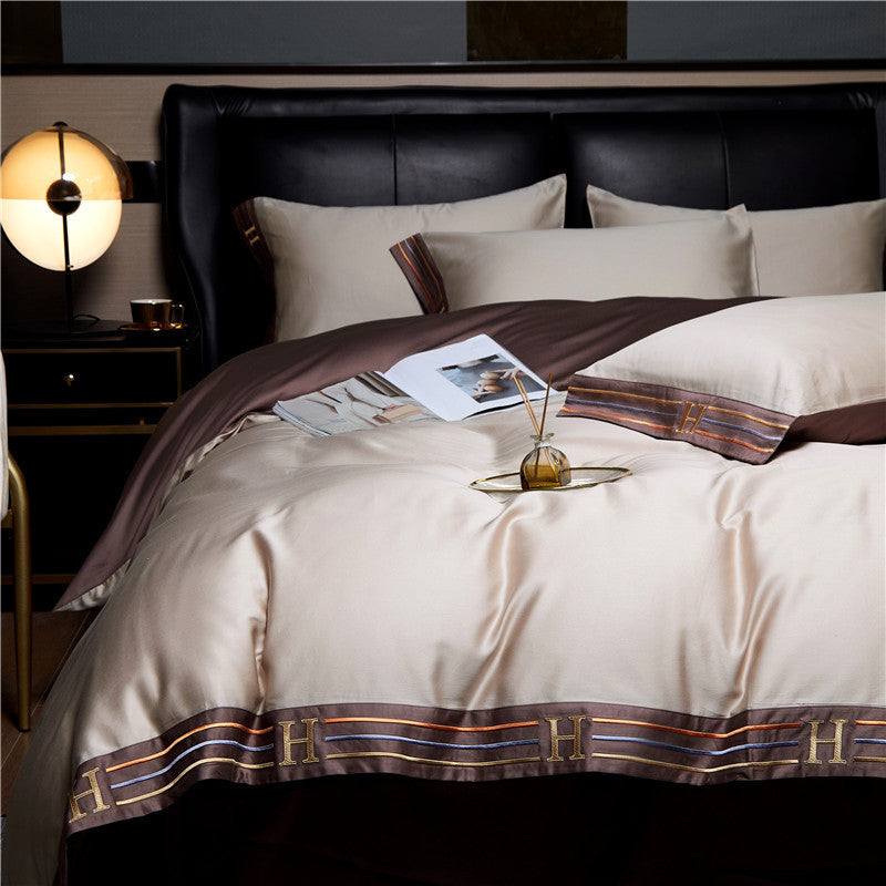 CotonLuxe - Ensemble de Linge de Lit en Satin Coton Brodé 4 Pièces