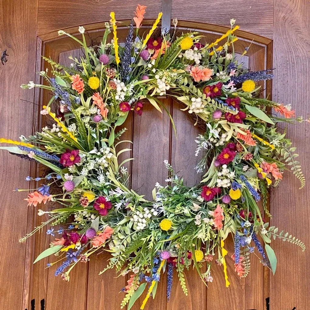 Couronne de fleurs artificielles colorée pour porte
